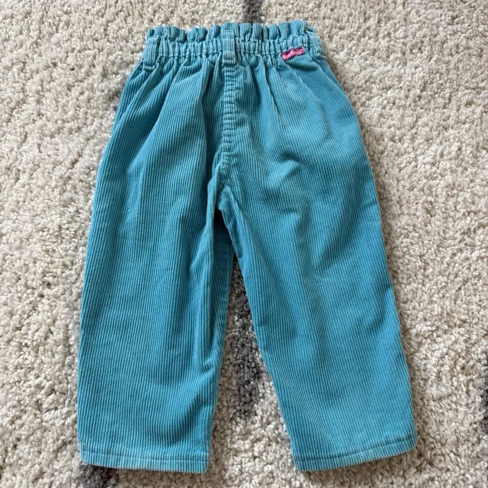 Vtg 80s 90s OshKosh Blue Teal Corduroy Pants Girls 2T Toddler Elastic Waist USA